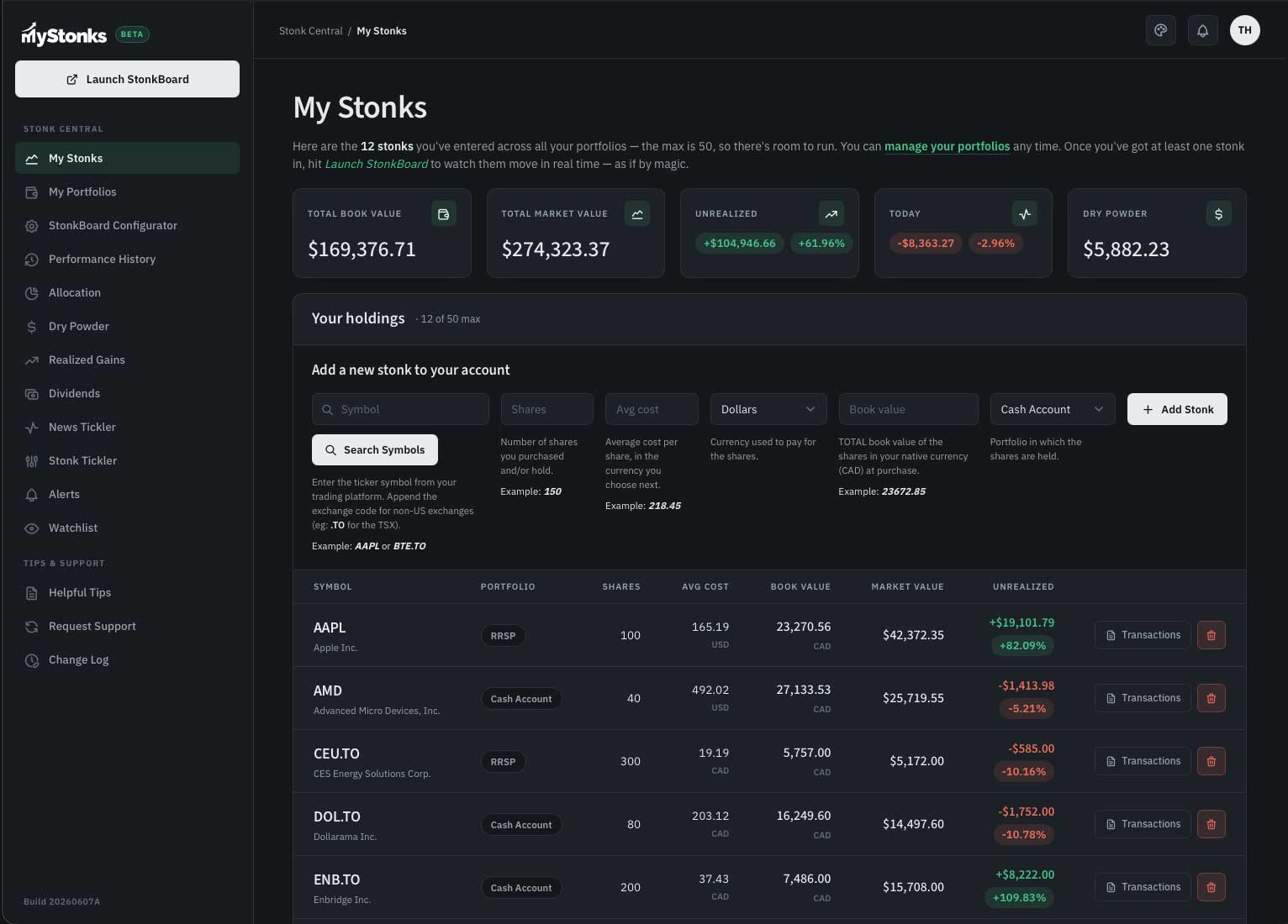 My Stonks — add a holding and watch it run